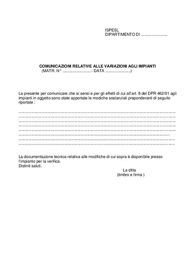 Comunicazioni relative alle variazioni agli impianti (ISPESL)