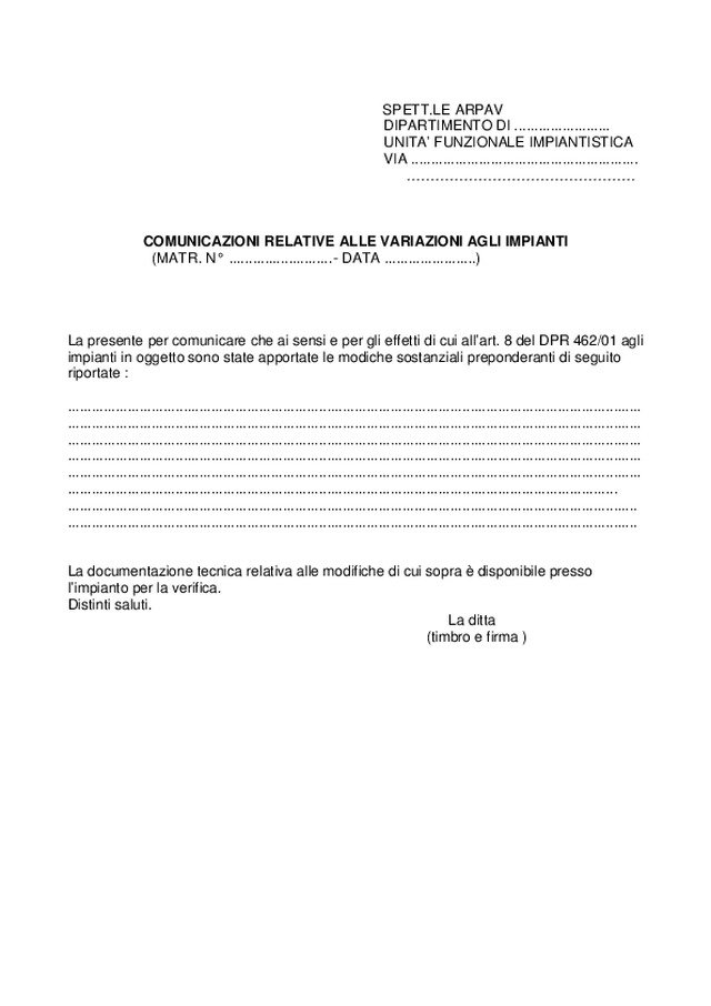 Comunicazioni relative alle variazioni agli impianti (ASL-ARPA)