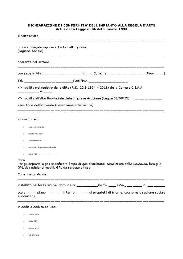 Dichiarazione di conformità dell\'impianto alla regola d\'arte