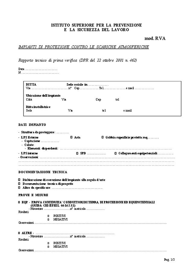 Modello RVA - Impianti di protezione contro le scariche atmosferiche