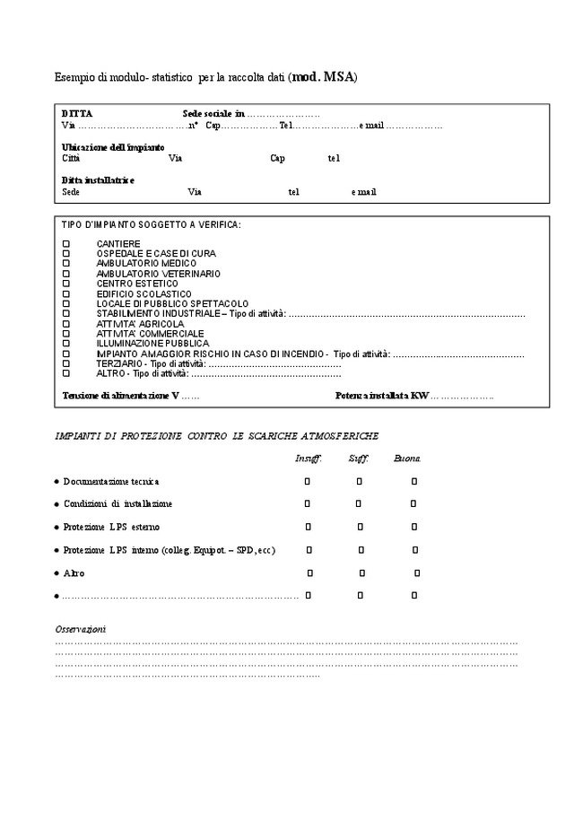 Modello MSA - Esempio di modulo statistico per la raccolta dati