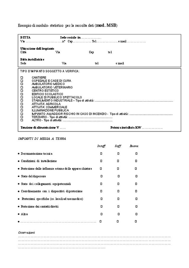 Modello MSB - Esempio di modulo statistico per la raccolta dati