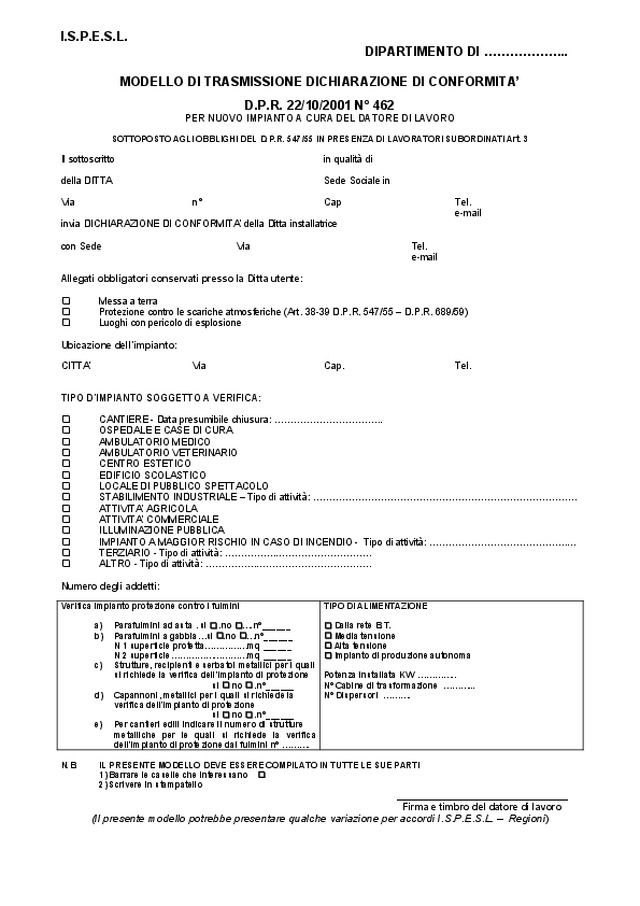 Modello di trasmissione dichiarazione di conformità