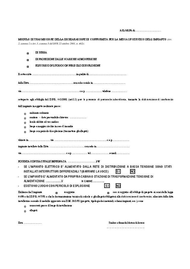 Modello di trasmissione dichiarazione conformità per messa in servizio impianto