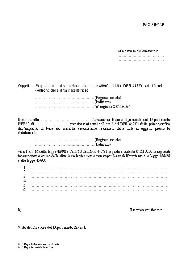 Segnalazione di violazione alla legge 46/90