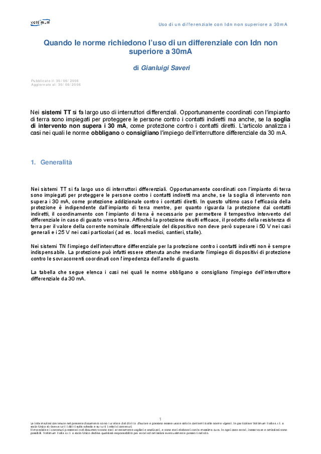 Quando le norme richiedono l\'uso di differenziale con Idn non superiore a 30mA