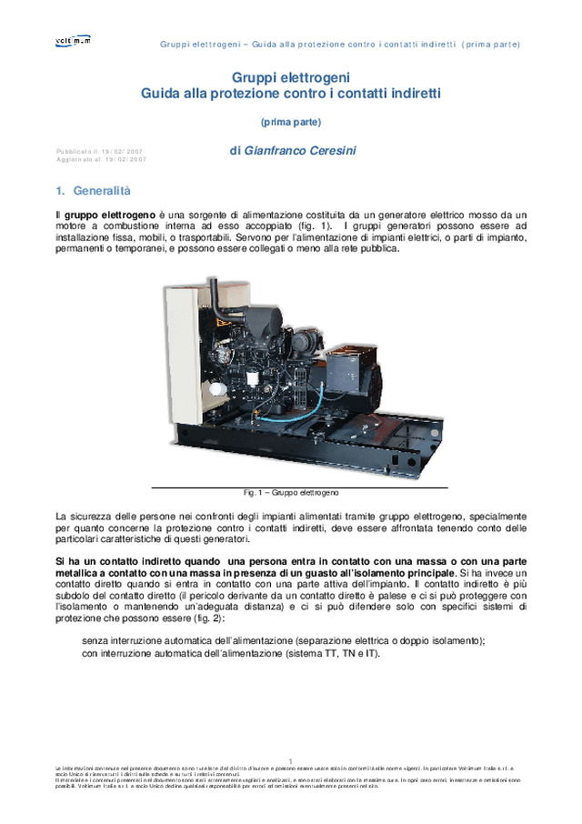 Gruppo elettrogeno - Guida alla protezione contro i contatti indiretti (prima)