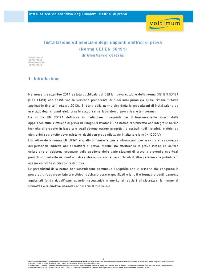 Installazione ed esercizio degli impianti elettrici di prova