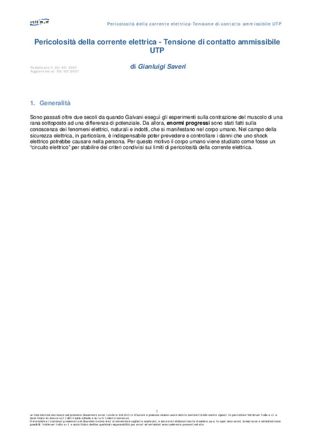 Pericolosità della corrente elettrica - Tensione di contatto ammissibile UTP