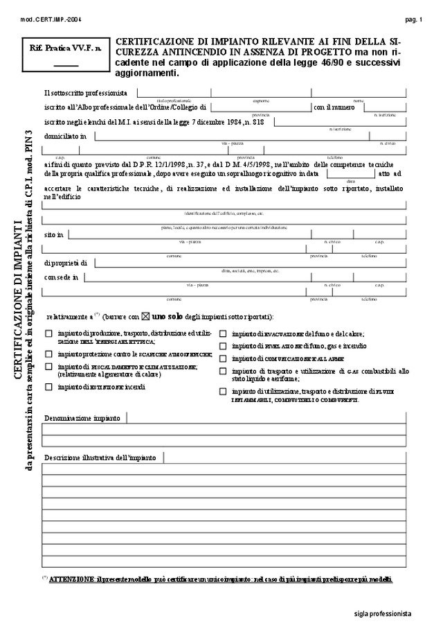 Modello certificazione impianti