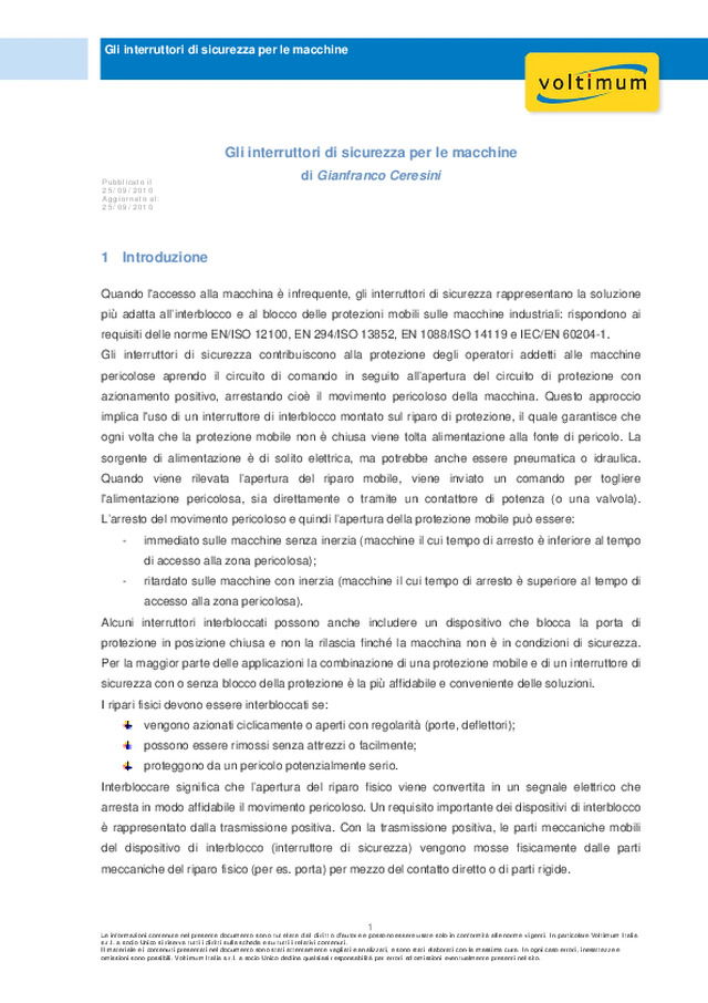 Gli interruttori di sicurezza per le macchine