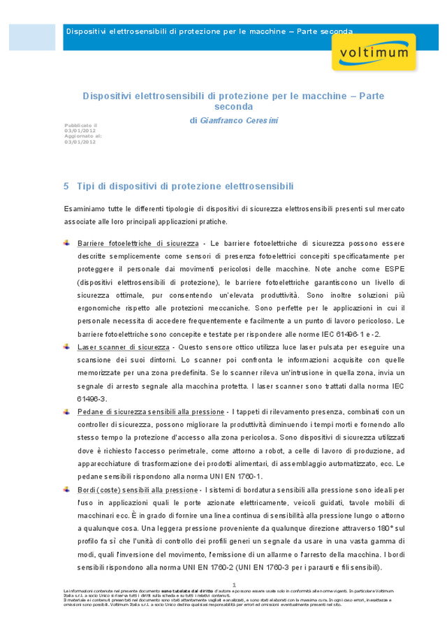 Dispositivi elettrosensibili di protezione per le macchine – Parte seconda