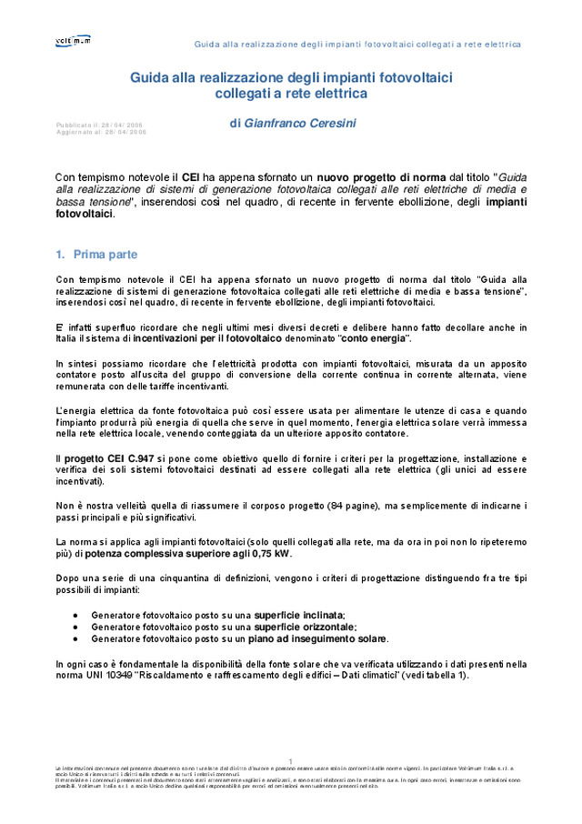 Guida alla realizzazione degli impianti fotovoltaici collegati a rete elettrica