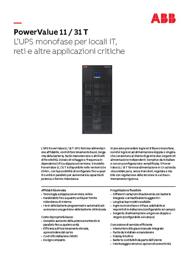 PowerValue 11/31: L’UPS monofase per locali IT, reti e altre applicazioni critiche
