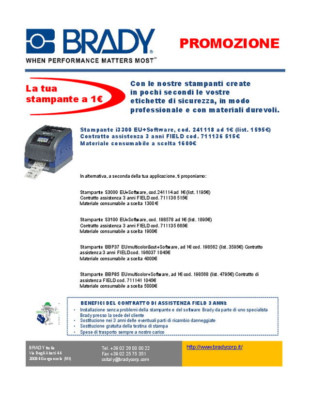 Promozione BRADY - La tua stampante a 1€