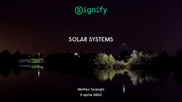 Presentazione del webinar "HERE COMES THE SUN:   Soluzioni all in one, led e fotovoltaico, negli impianti di illuminazione pubblica"