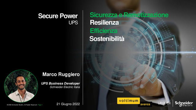 Presentazione del webinar "Continuità e qualità dell’energia – l’importanza della scelta dell’UPS per garantire massima protezione ai carichi critici"