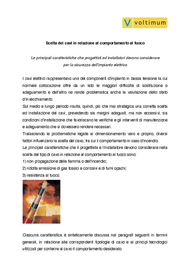 Scelta dei cavi in relazione al comportamento al fuoco
