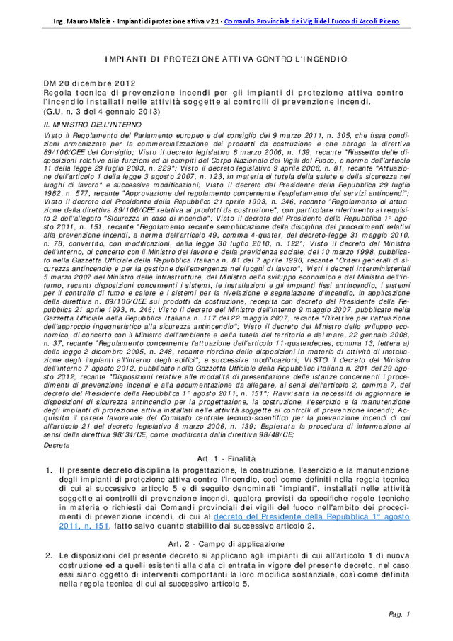 IMPIANTI DI PROTEZIONE ATTIVA CONTRO L'INCENDIO