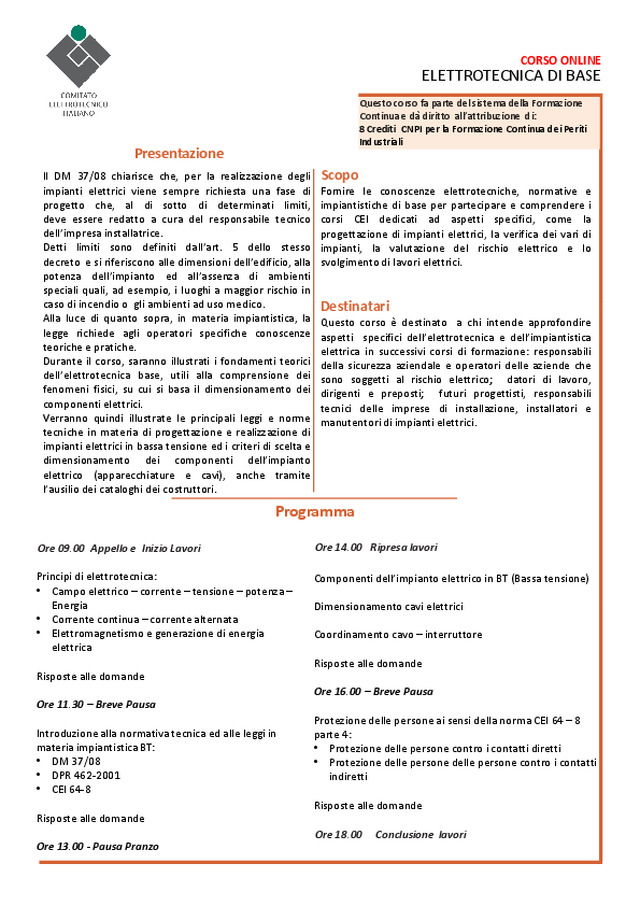 Programma Corso CEI ELETTROTECNICA DI BASE - ONLINE
