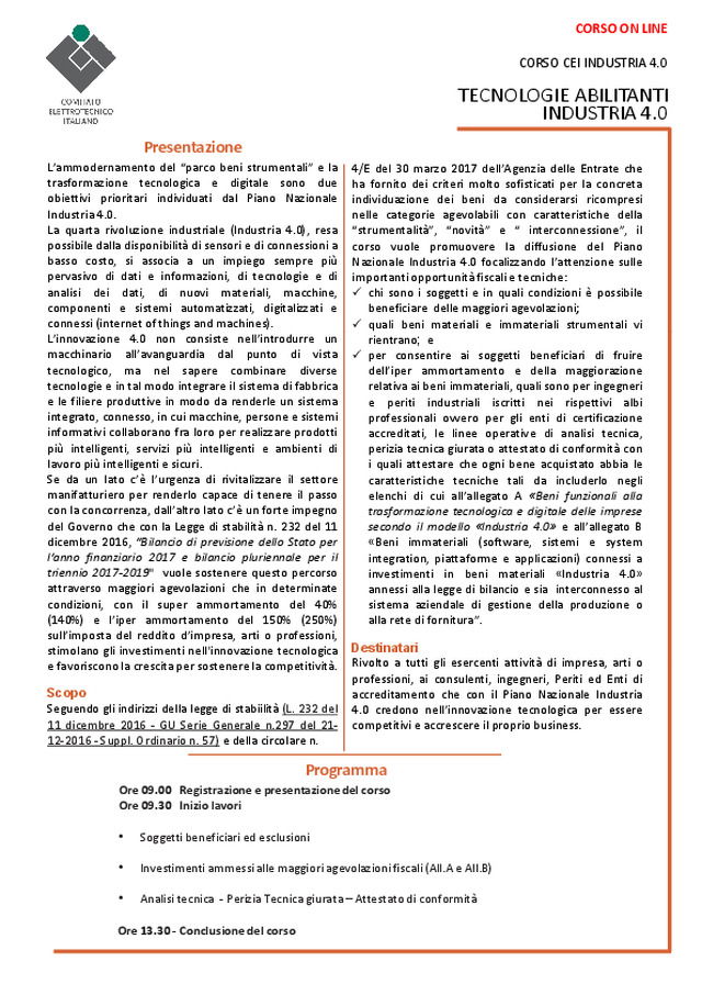 Programma Corso CEI INDUSTRIA 4.0 - ONLINE