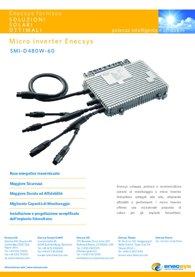Enecsys pubblica la nuova scheda tecnica del micro Inverter D480-60