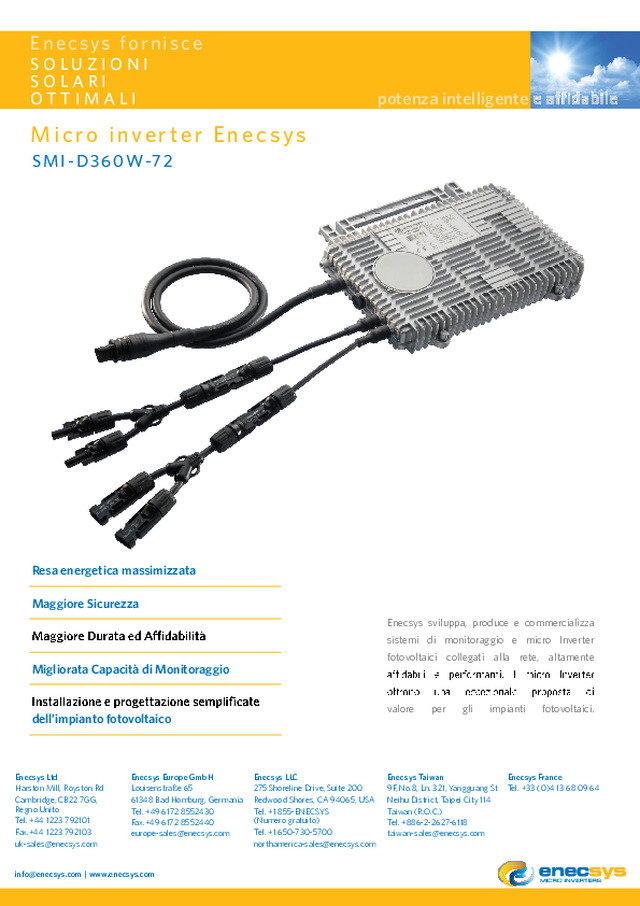 Enecsys pubblica la nuova scheda tecnica del micro Inverter D360-72