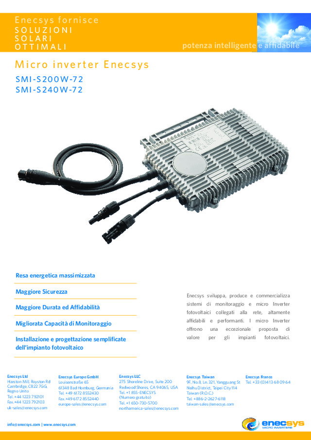 Enecsys pubblica la scheda tecnica del micro Inverter S200-72 e S240-72