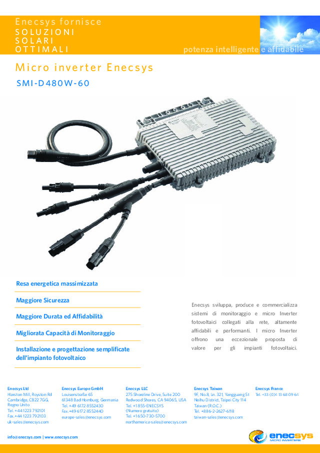 Speciale CEI 021: MICROINVERTER ENECSYS D480-60 conforme a CEI 0-21 e allegato A70 di TERNA