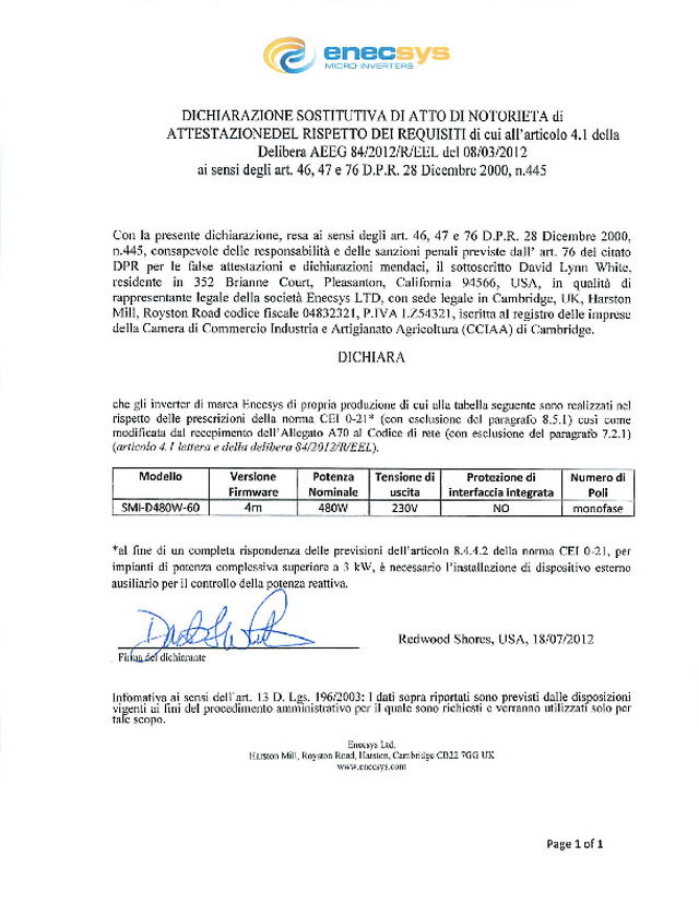 Autocertificazione CEI 021 micro inverter Enecsys D480