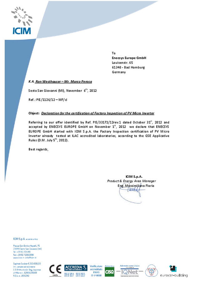 Certificato Factory Inspection micro inverter Enecsys D480