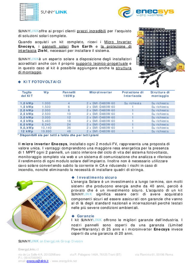 Enecsys pubblica la scheda tecnica dei KIT con micro inverter