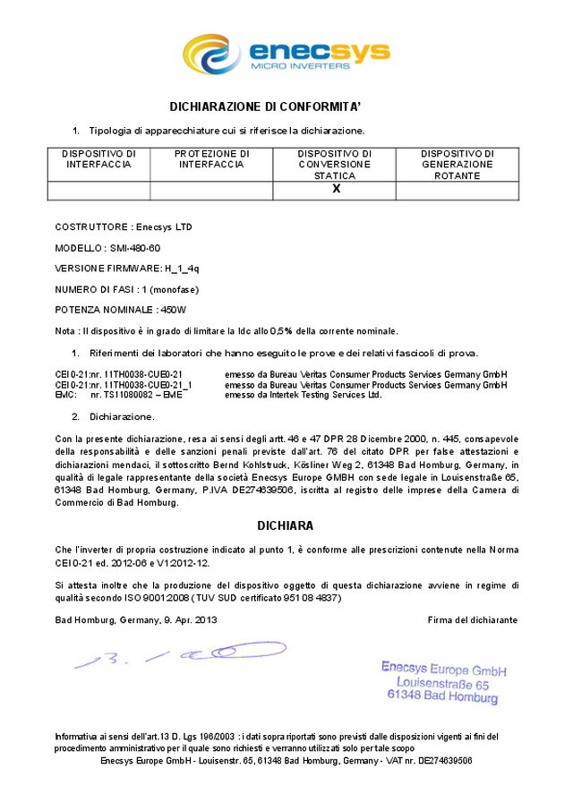 Dichiarazione conformità CEI 021 del micro inverter Enecsys D480