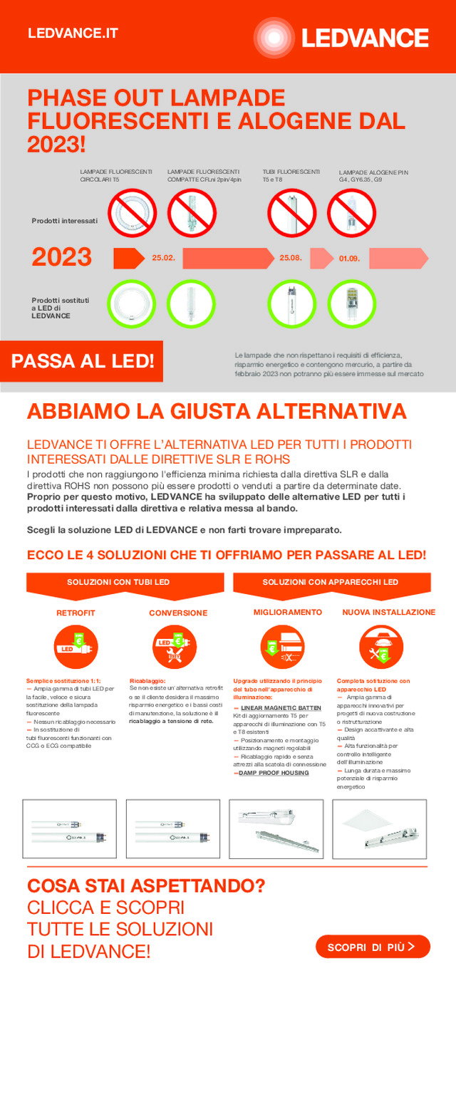 PASSA AL LED CON LEDVANCE! IL PHASE OUT DELLE LAMPADE FLUORESCENTI E ALOGENE DAL 2023 È VICINO