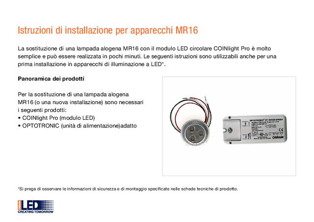 Istruzioni di installazione per apparecchi MR16