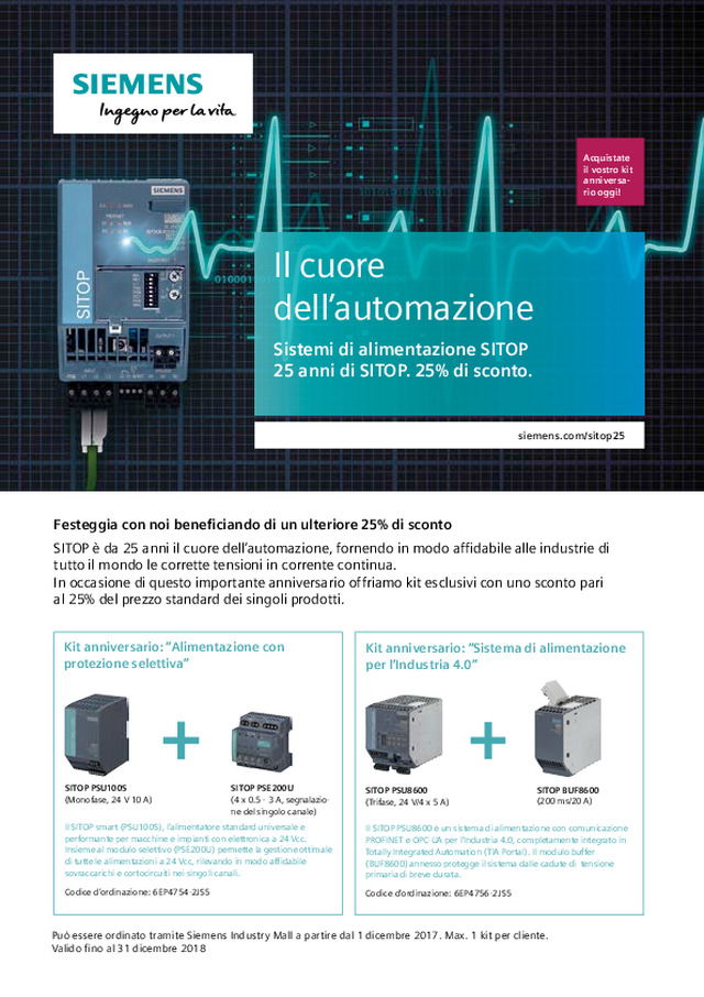 Sistemi di alimentazione SITOP: 25 anni di SITOP. 25% di sconto.