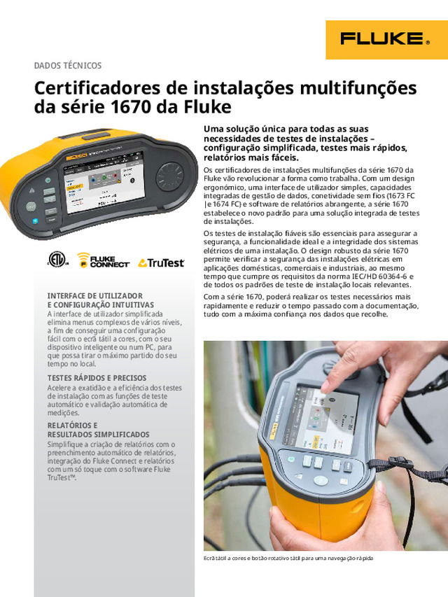Certificadores de instalações multifunções da série 1670 da Fluke