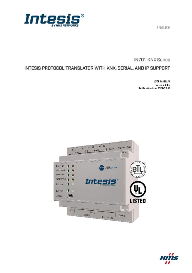 User manual IN701-KNX - Gateways para interface com sistemas de AVAC Intesis® 700 AIR series – HMS