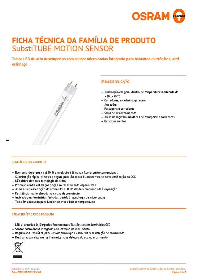 Ficha técnica da família de produto SubstiTUBE MOTION SENSOR da LEDVANCE