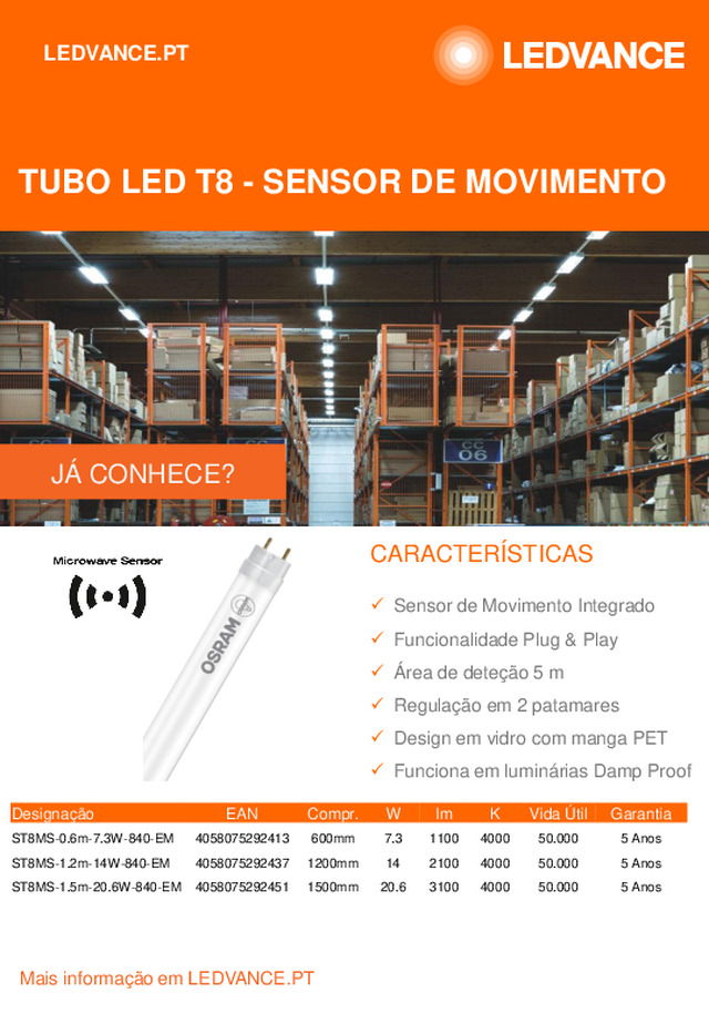 TUBO LED T8 - Sensor de movimento