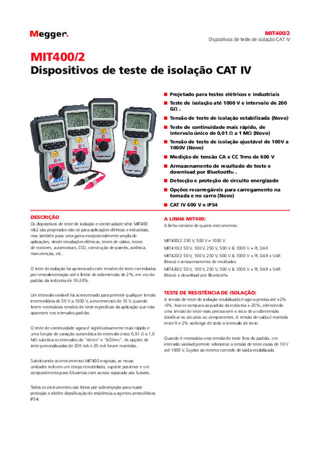 Megger MIT400/2: Dispositivos de teste de isolação CAT IV