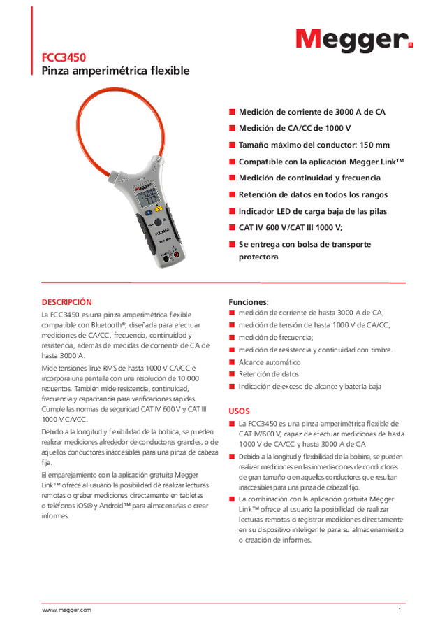 Ficha técnica FCC3450: Alicate amperímetro flexível com pinça de corrente