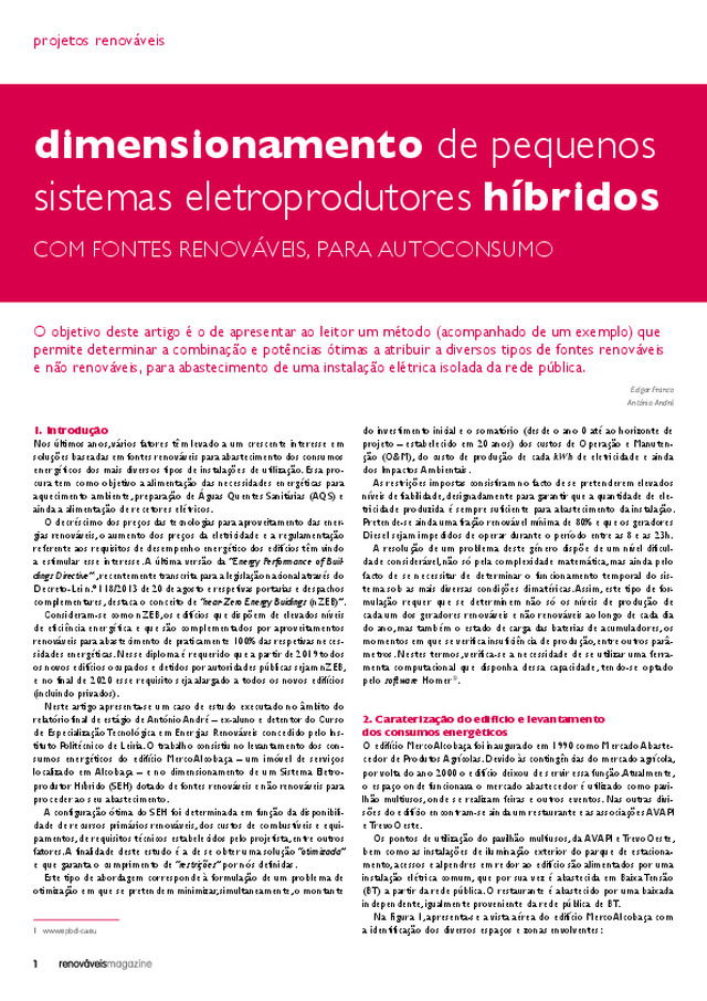 Dimensionamento de pequenos sistemas eletroprodutores híbridos com fontes renováveis, para autoconsumo