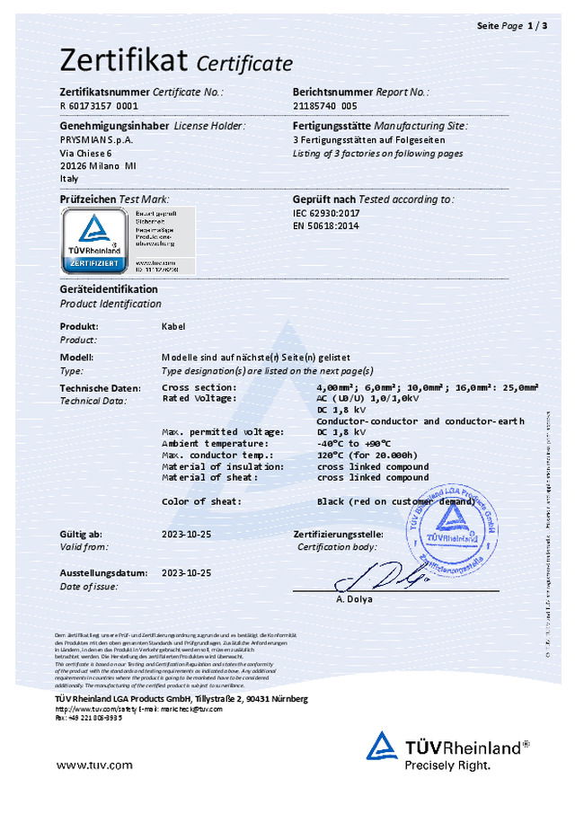 Certificado cabo BT Prysmian Prysolar® - H1Z2Z2-K​