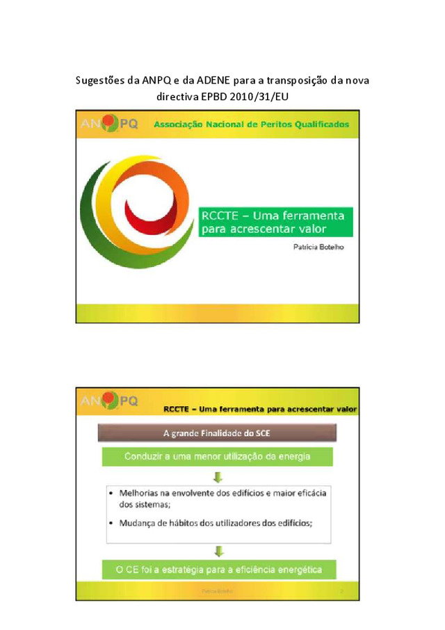 Sugestões da ANPQ e da ADENE para a transposição da Directiva EPBD 2010/31/EU
