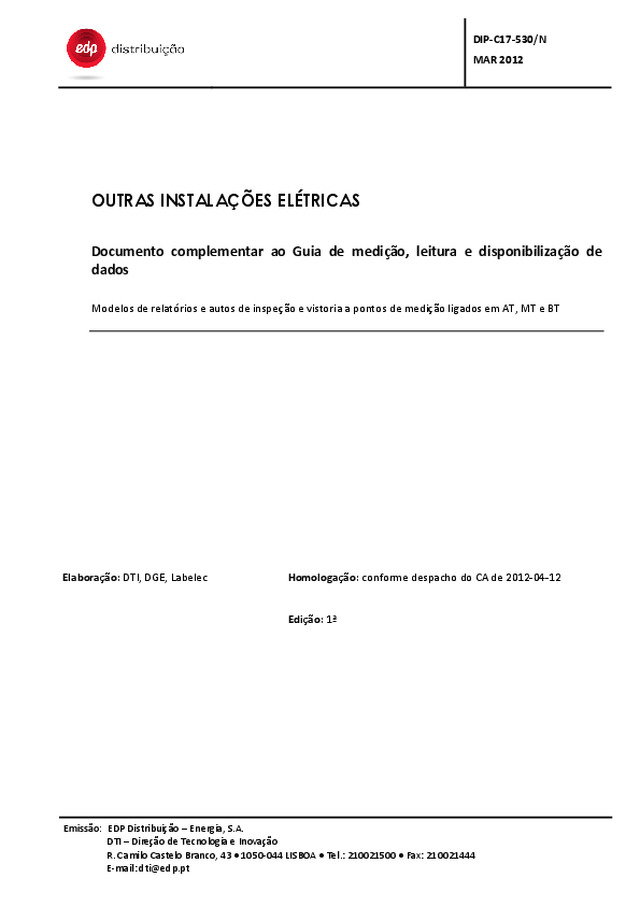 Guia de medição, leitura e disponibilização de dados - outras instalações eléctricas