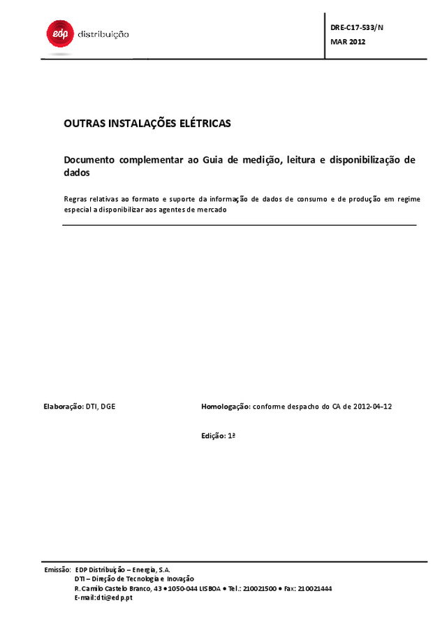 Guia de medição, leitura e disponibilização de dados - outras instalações - suporte de informação de dados