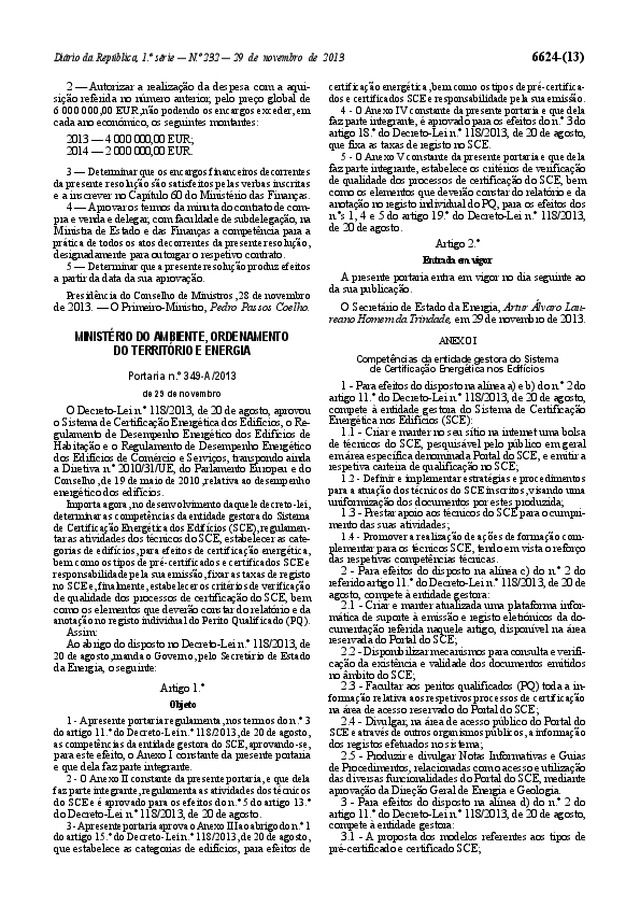 Portaria n.º 349-A/2013: Certificação Energética dos Edifícios
