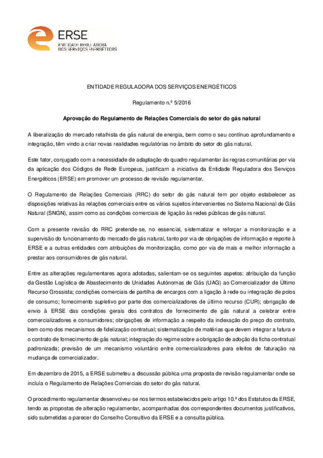ENTIDADE REGULADORA DOS SERVIÇOS ENERGÉTICOS REGULAMENTO N.º 5/2016