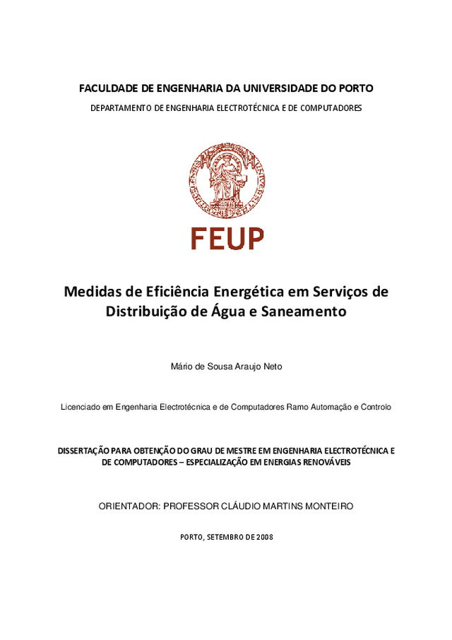 Medidas de Eficiência Energética em Serviços de Distribuição de Água e Saneamento